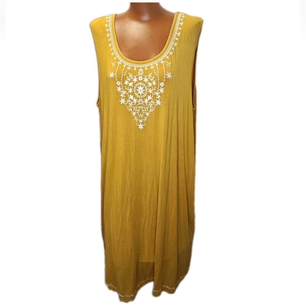 Philosophy Floral Embroidered Tunic A-Line Dress Plus 2X Mustard Yellow Jersey
